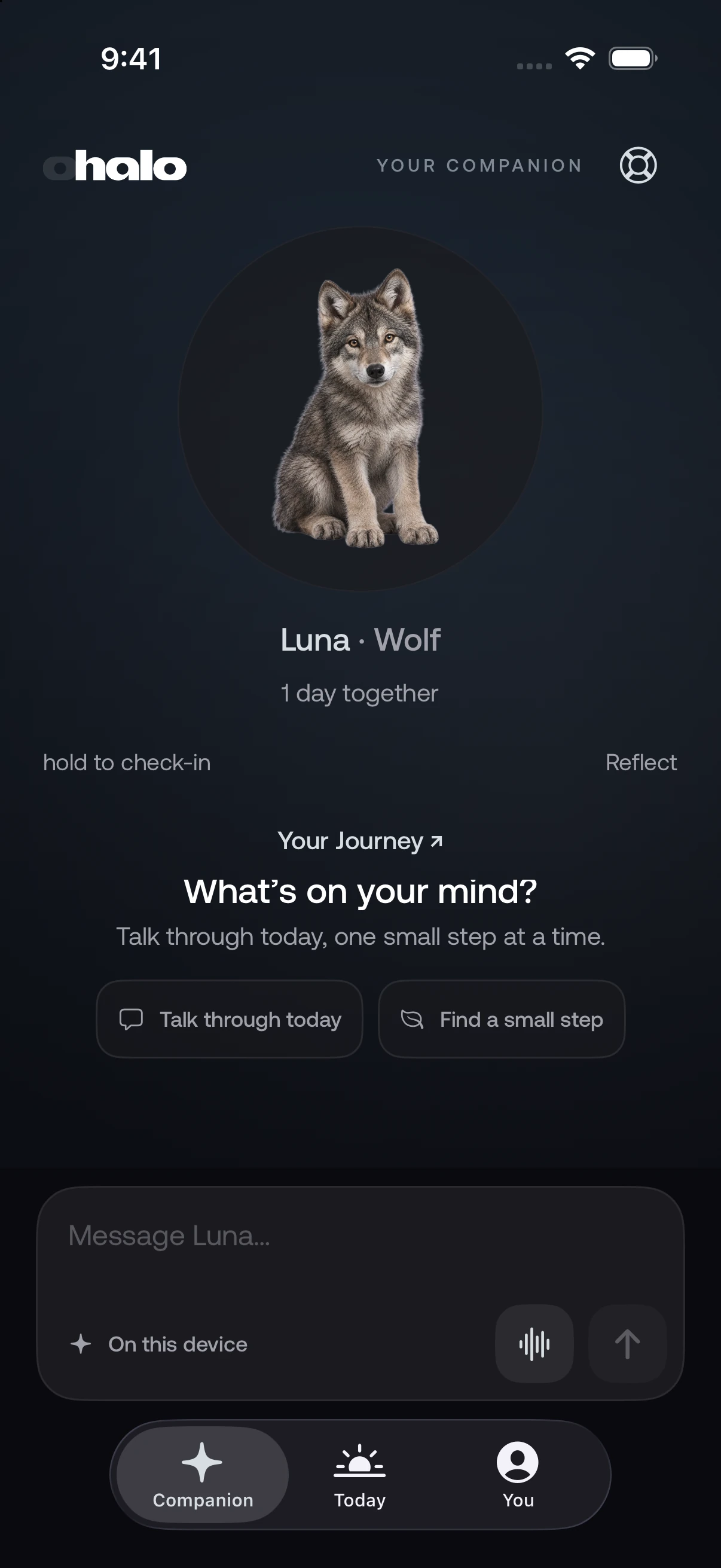 Young Luna in Halo’s current native companion screen, with a private message composer, reflection prompts, and native navigation.